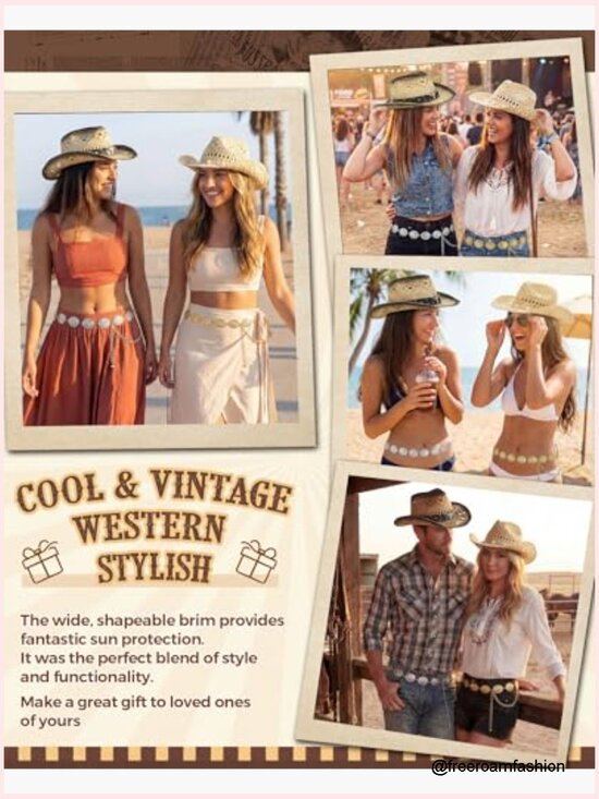 Straw Cowboy Hat Set with Shapeable Brim & Concho Belts main image 6